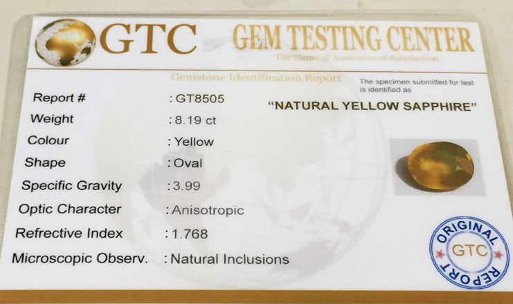 8.19 ct/9.25 ratti Natural Certified Bangkok Pukhraj/Yellow Sapphire